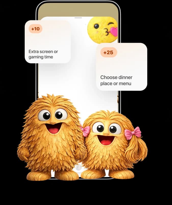 Points become rewards - Two Erny characters with iPhone